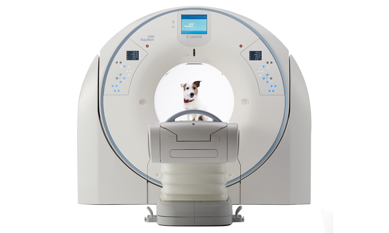 Canon Aquilion One Prism Veterinary CT Scanner front view with small dog sitting on scanner table