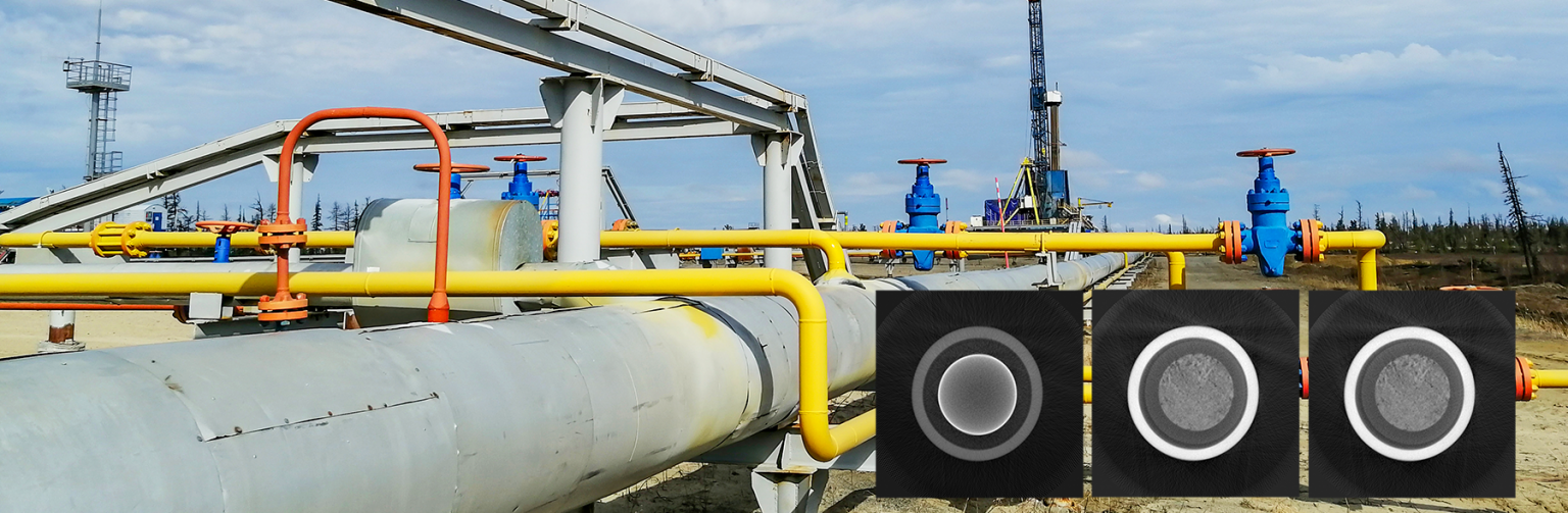 Oil Pipeline background image overlayed with 3 CT core scan images