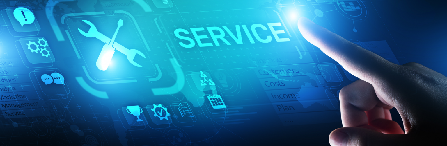 Blue image with word Service and a finger pointing to it