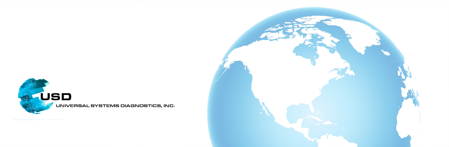 Universal Systems Diagnostics, Inc logo and blue globe showing North America