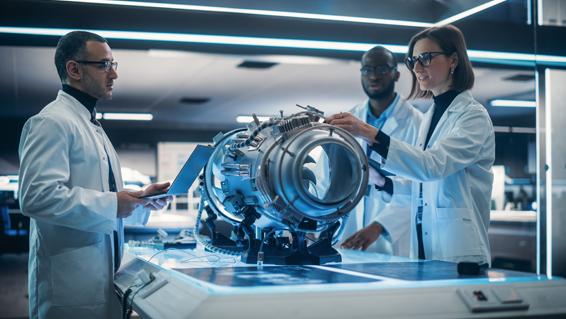 3 technicians wearing lab coats looking at a turbine